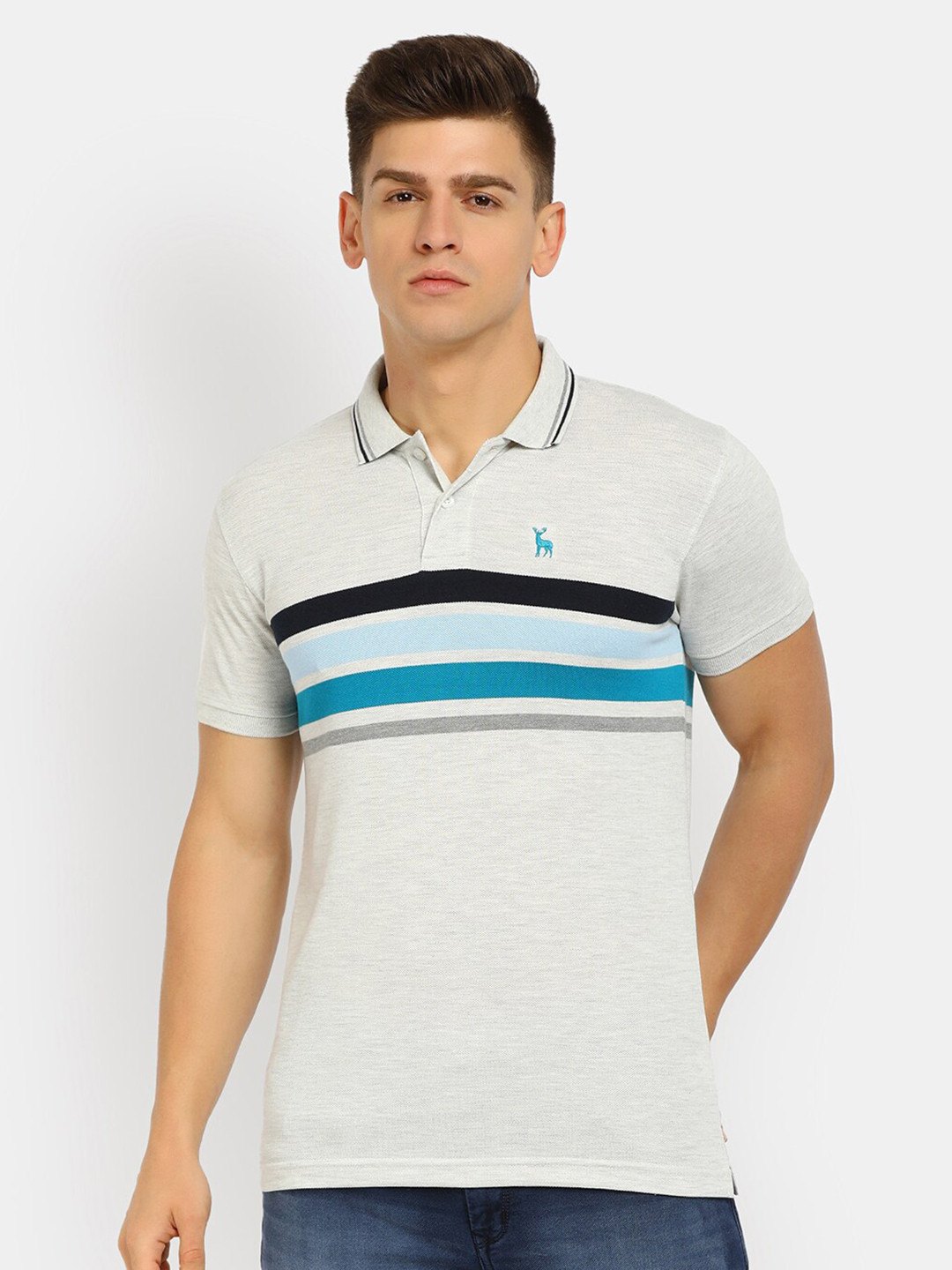 

V-Mart Men Beige & Blue Striped Polo Collar Cotton T-shirt