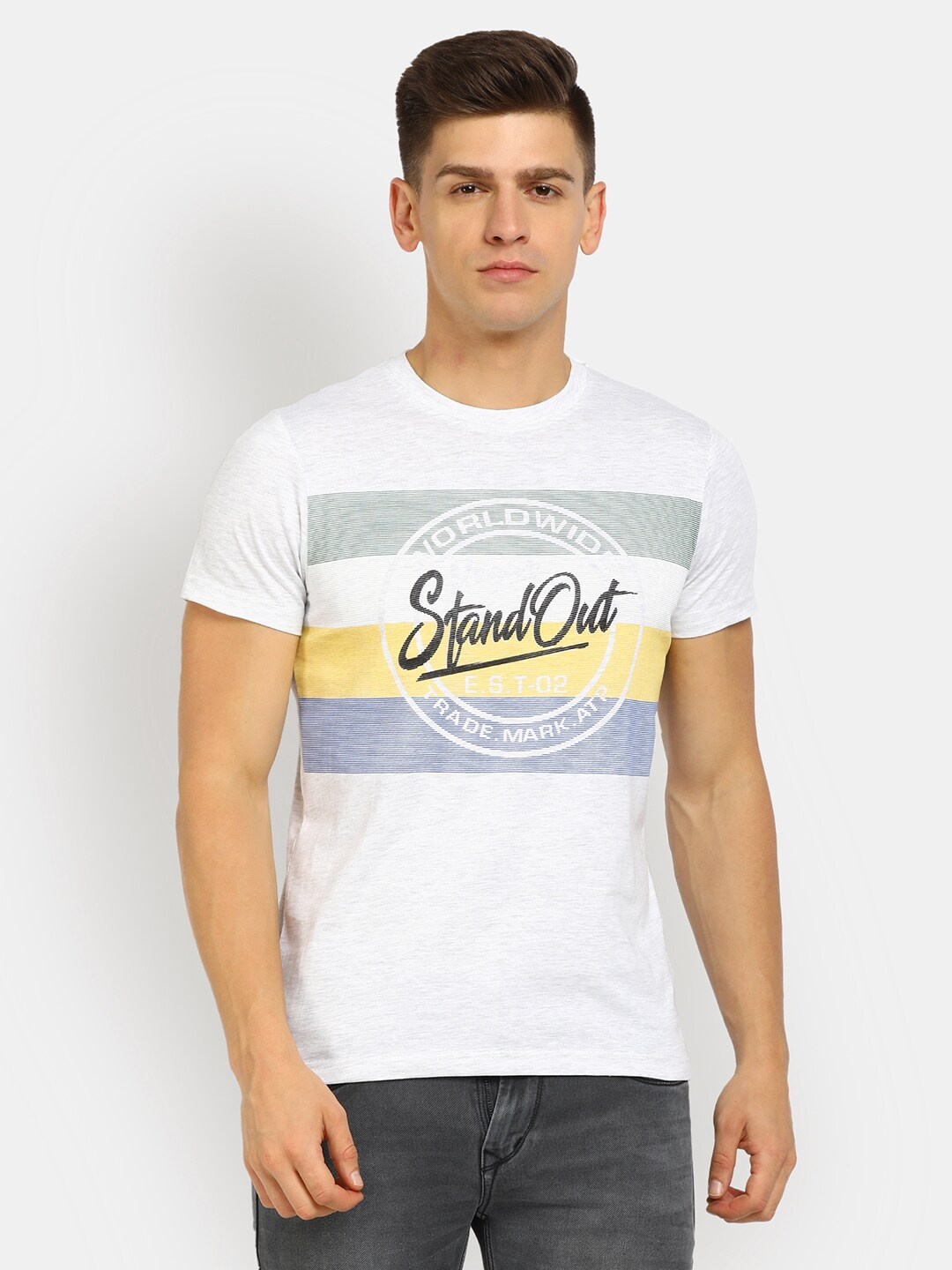 

V-Mart Men White & Beige Printed Slim Fit Cotton T-shirt