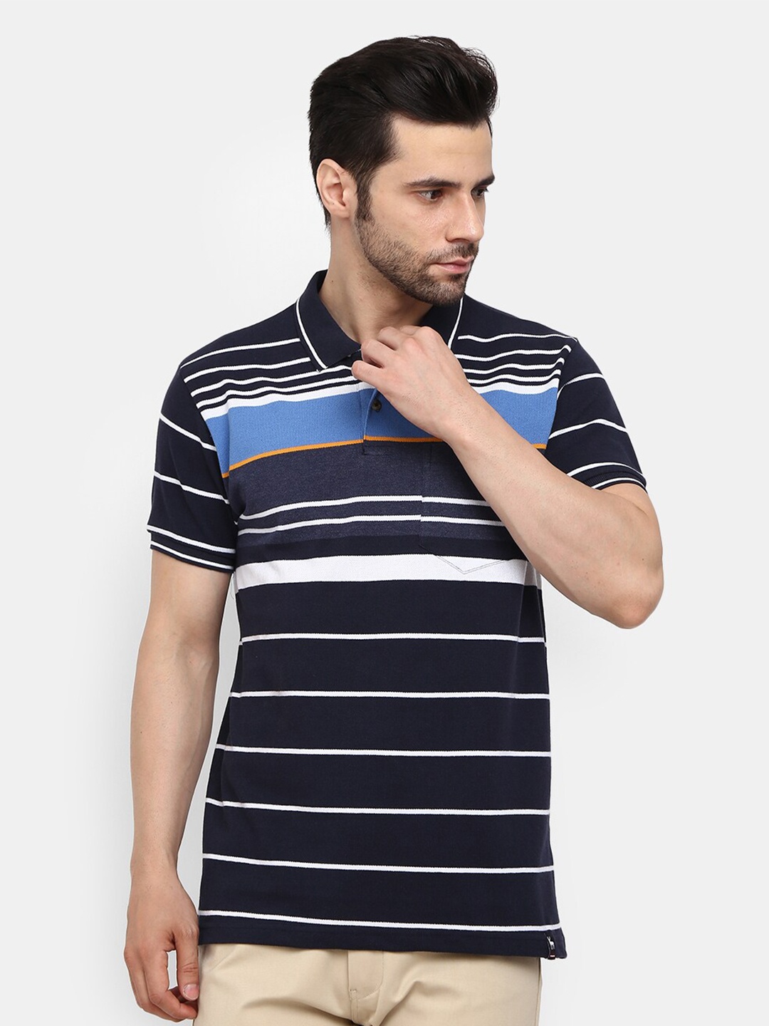 

V-Mart Men Navy Blue & White Striped Polo Collar Cotton T-shirt