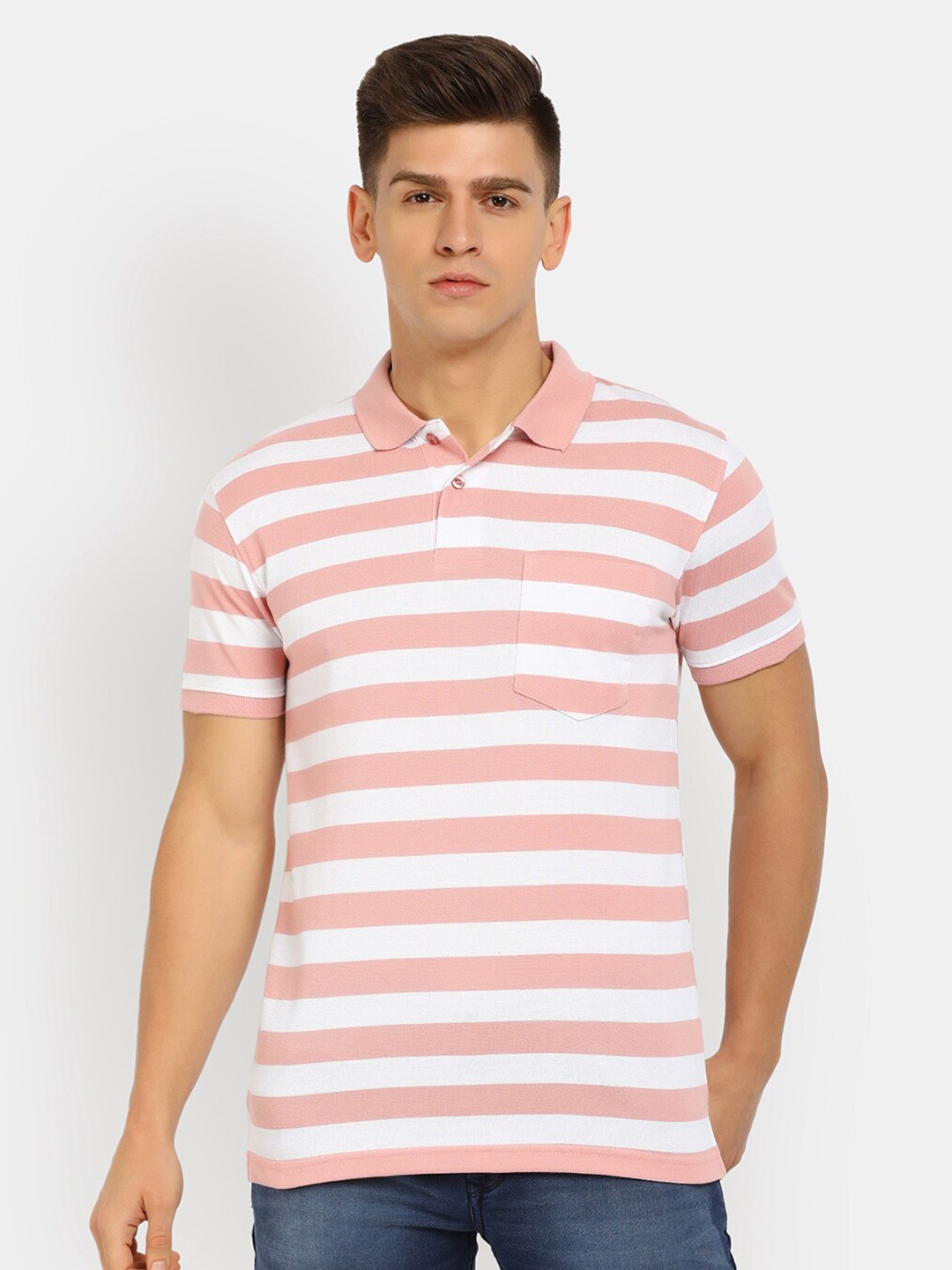 

V-Mart Men Pink Striped Polo Collar T-shirt