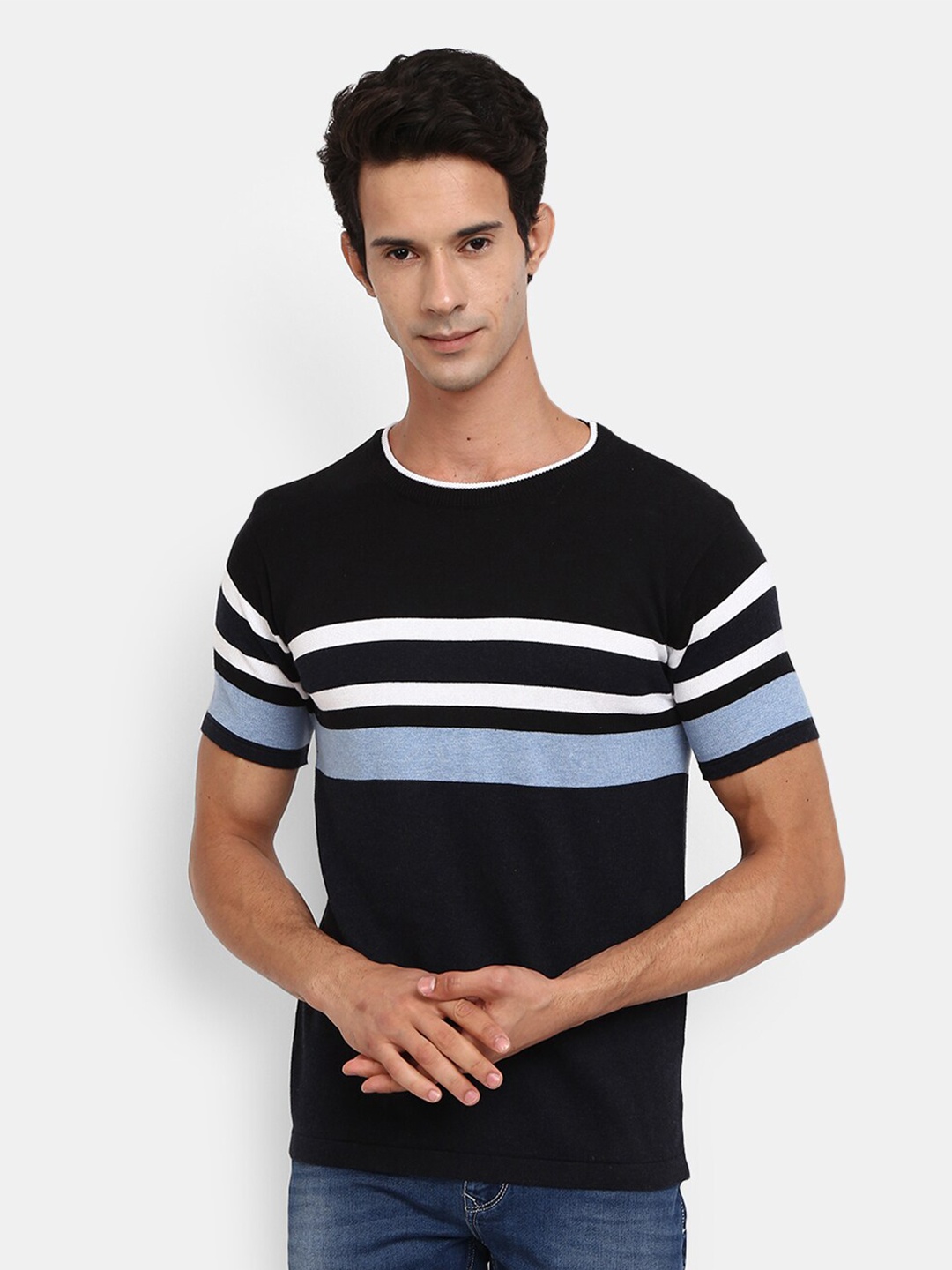 

V-Mart Men Blue Colourblocked Slim Fit Cotton T-shirt