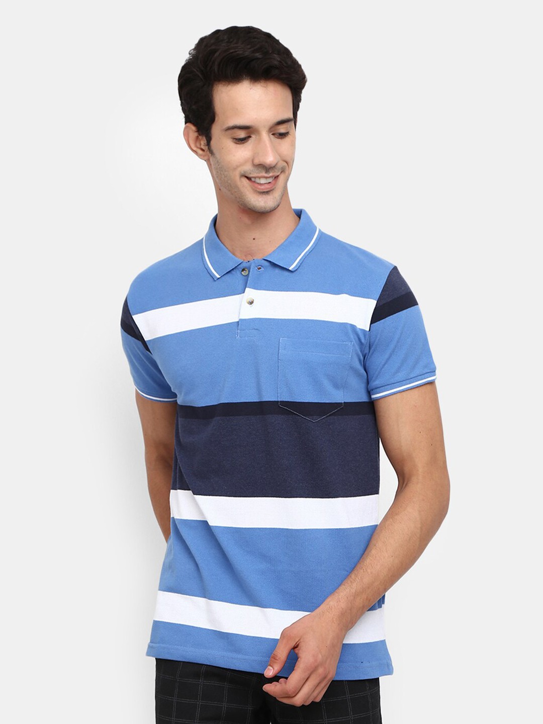 

V-Mart Men Blue Striped Polo Collar Cotton T-shirt