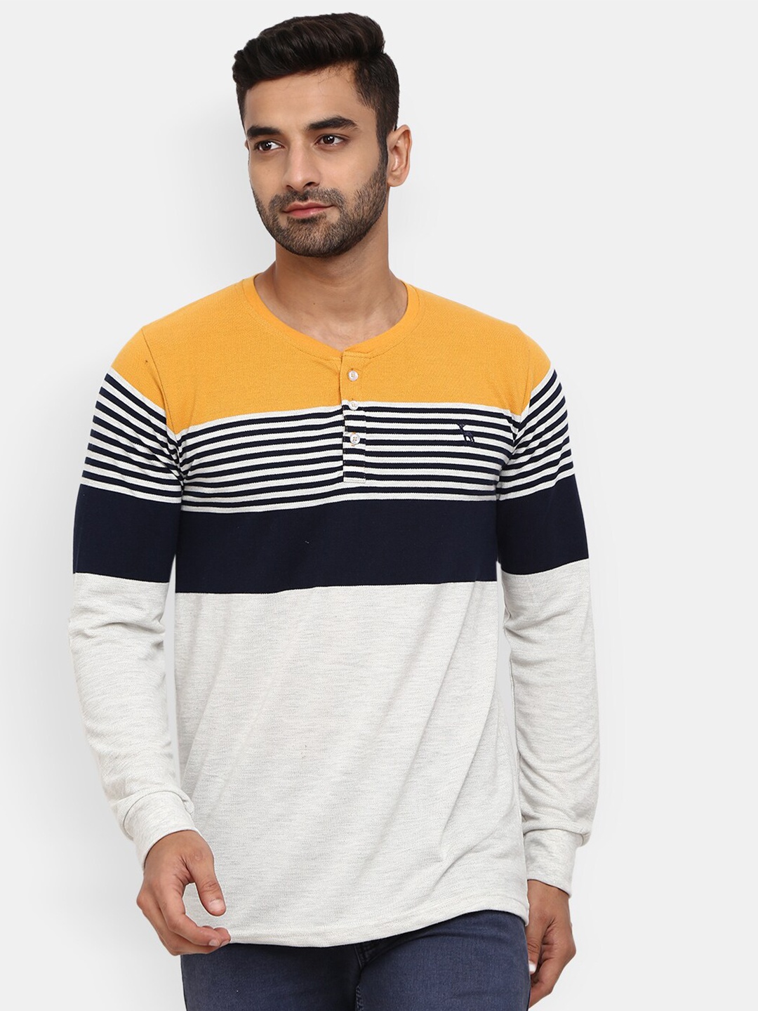 

V-Mart Men Grey & Navy Blue Striped Henley Neck Slim Fit Cotton T-shirt