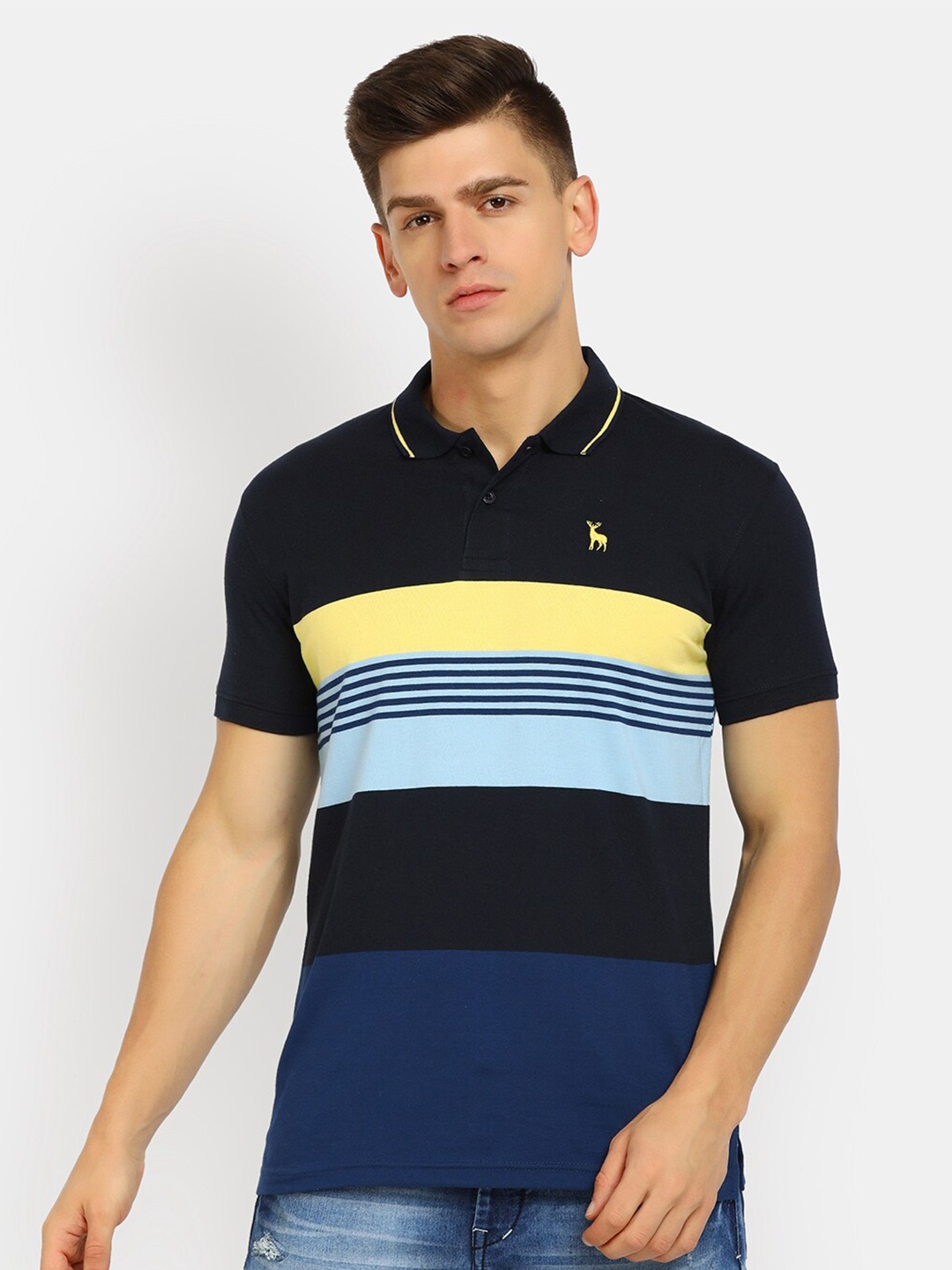 

V-Mart Men Navy Blue Striped Polo Collar Cotton T-shirt