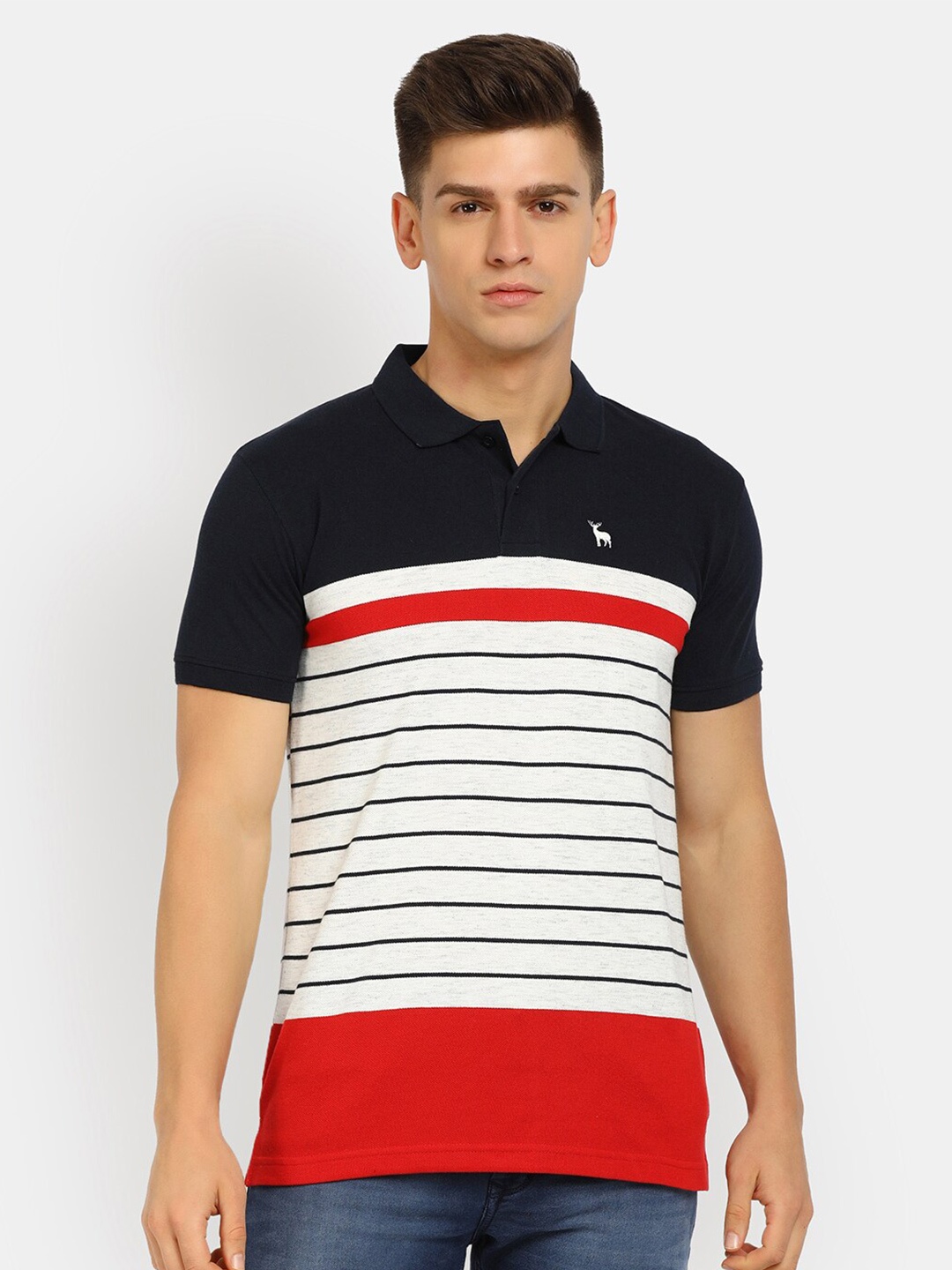 

V-Mart Men Red & White Striped Polo Collar T-shirt