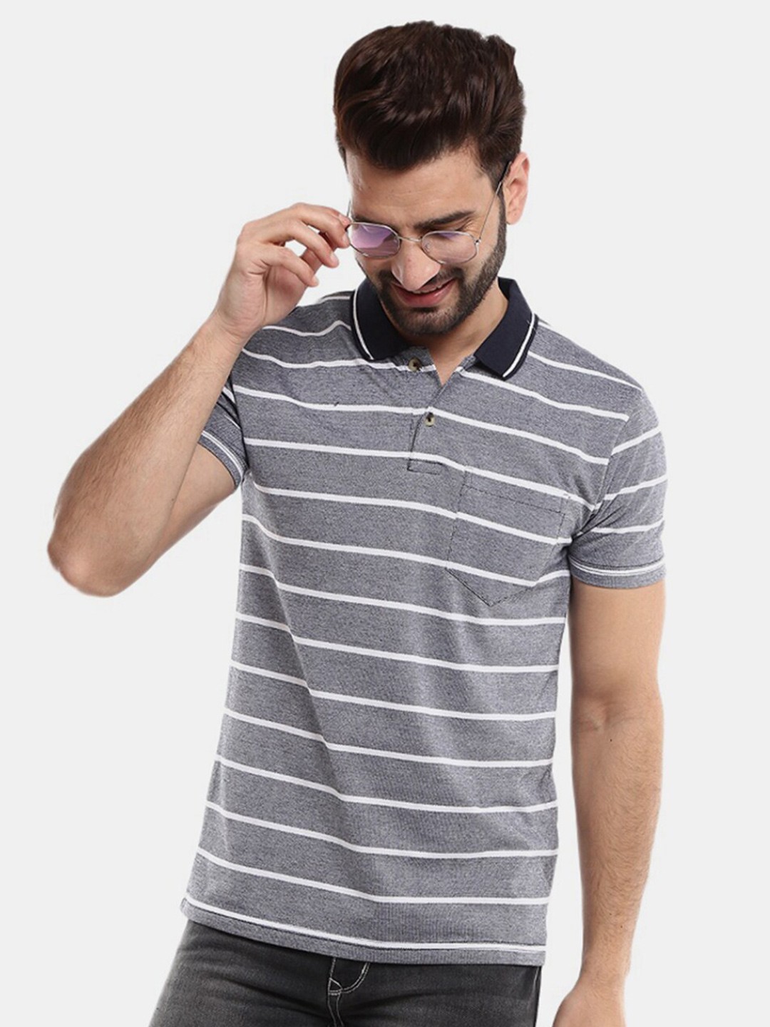 

V-Mart Men Grey & White Striped Cotton Polo Collar T-shirt