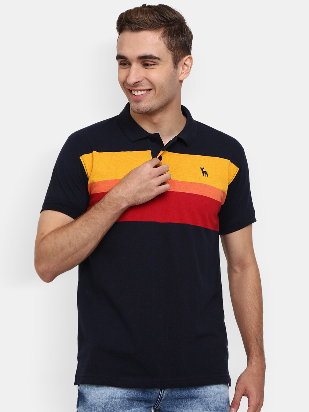 

V-Mart Men Navy Blue Colourblocked Polo Collar Applique T-shirt