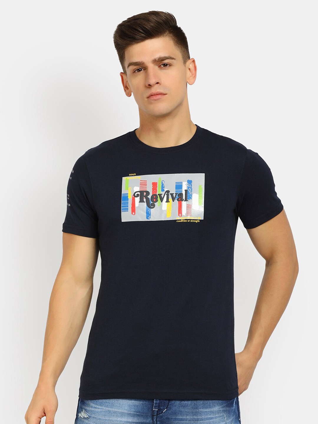 

V-Mart Men Navy Blue Printed Slim Fit Cotton T-shirt