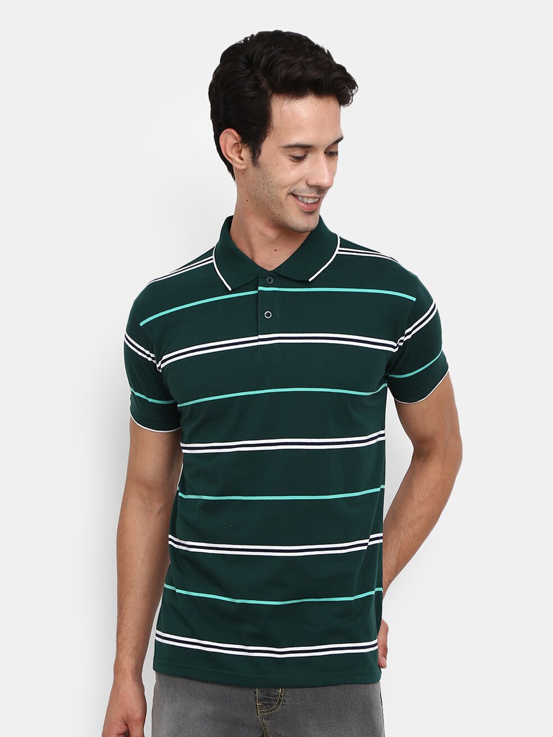 

V-Mart Men Green Striped Cotton T-shirt