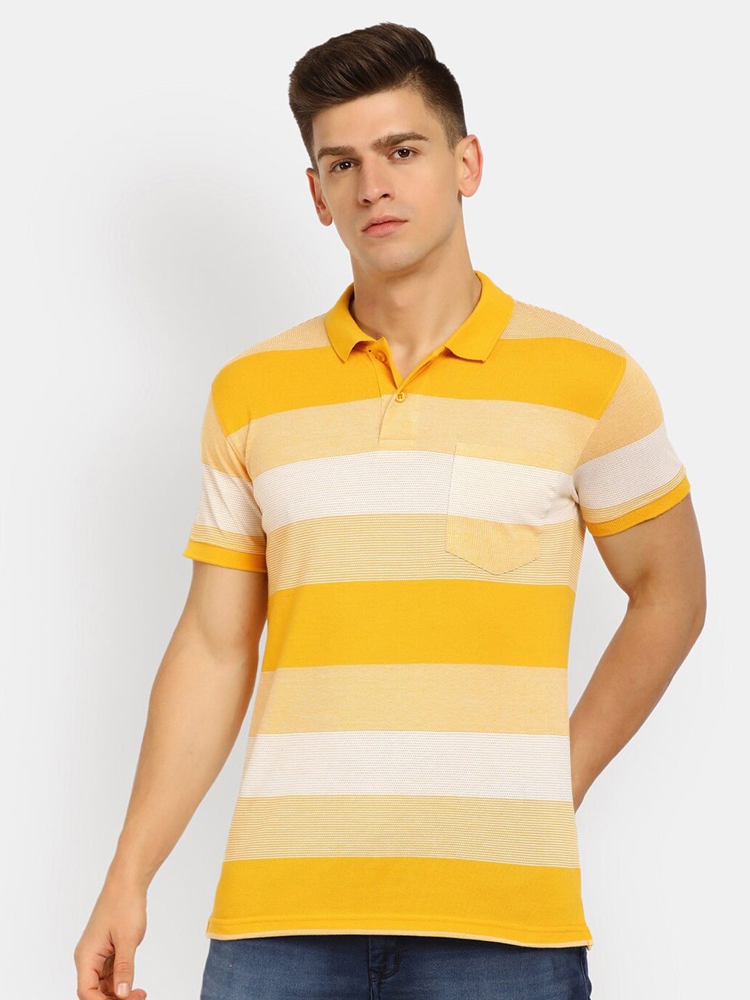 

V-Mart Men Yellow & Off White Striped Polo Collar Cotton T-shirt