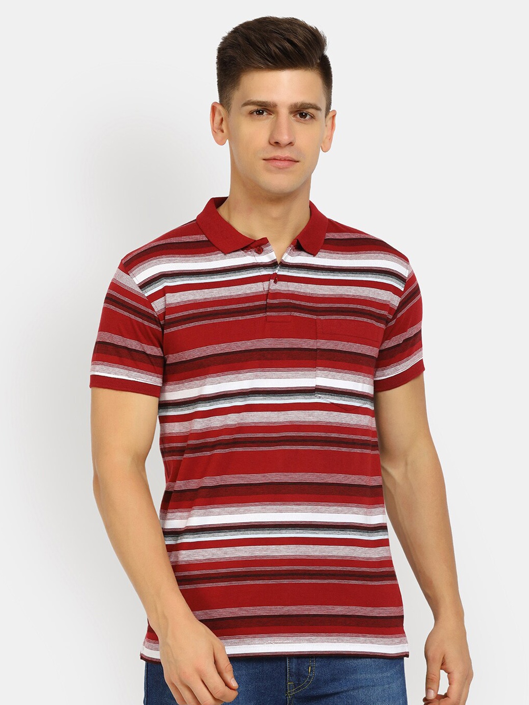 

V-Mart Men Maroon & White Striped Polo Collar T-shirt