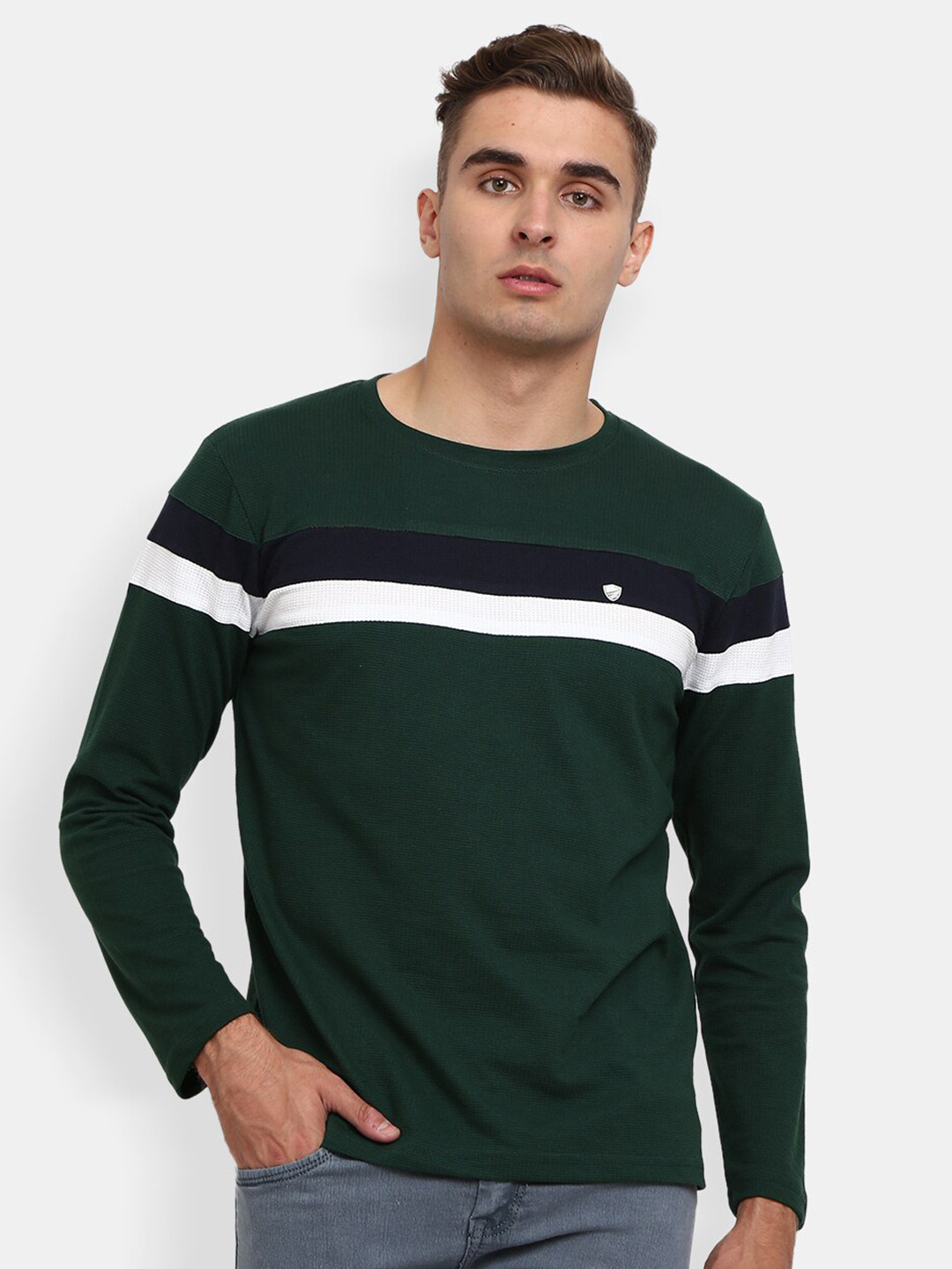 

V-Mart Men Green & White Colourblocked Slim Fit Cotton T-shirt