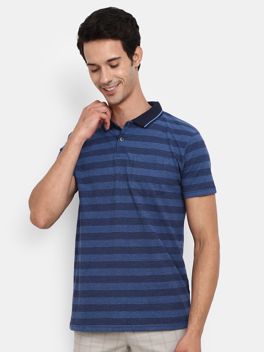 

V-Mart Men Blue Striped Polo Collar T-shirt