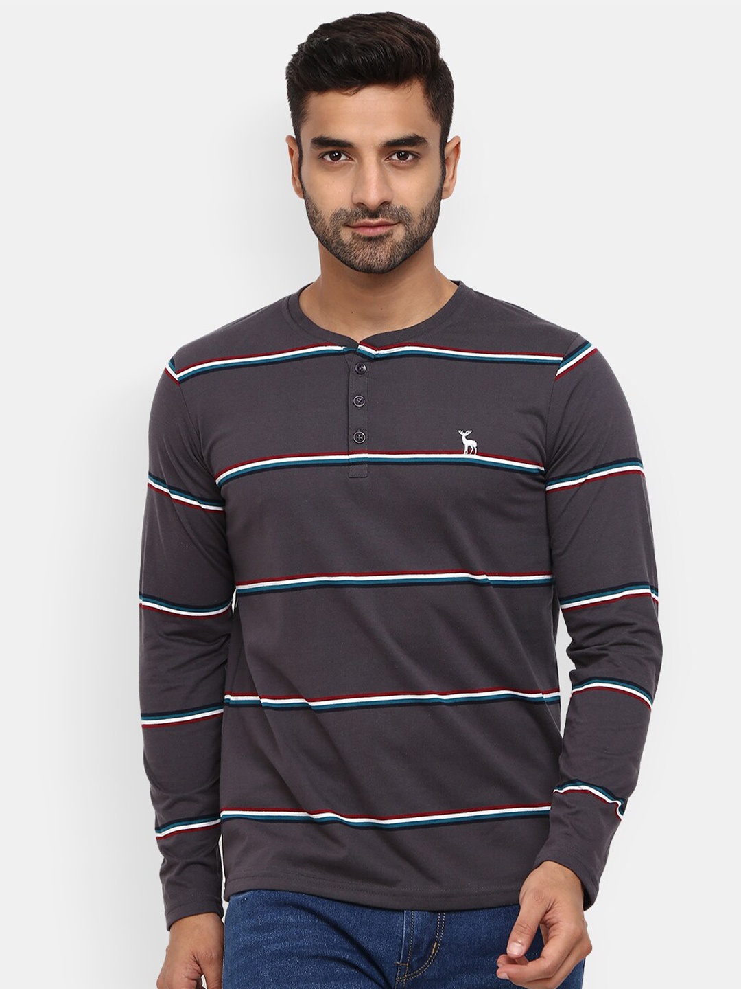 

V-Mart Men Grey Striped Henley Neck Slim Fit Cotton T-shirt