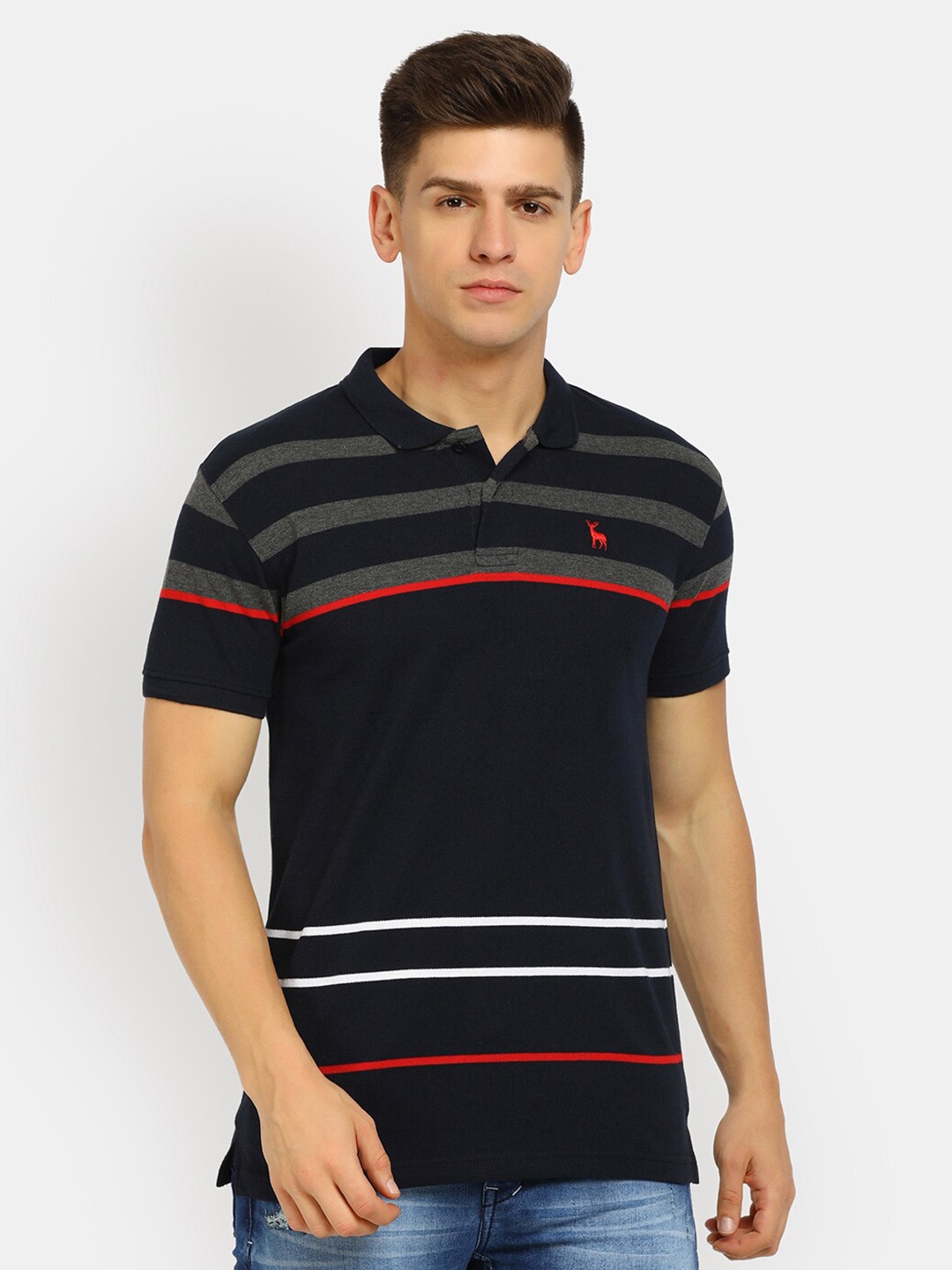 

V-Mart Men Navy Blue & Grey Striped Polo Collar T-shirt