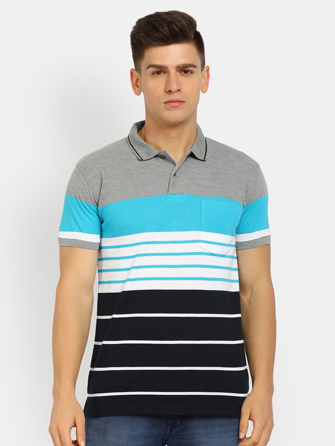 

V-Mart Men Grey Melange & Blue Striped Polo Collar Cotton T-shirt