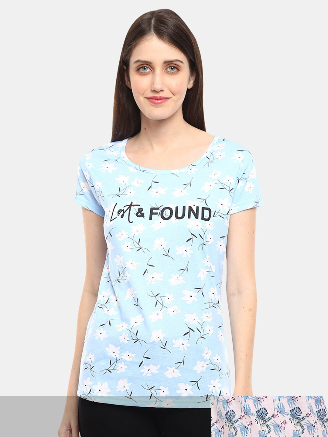 

V-Mart Women Pack Of 2 Blue & Pink Floral Printed Cotton T-shirt