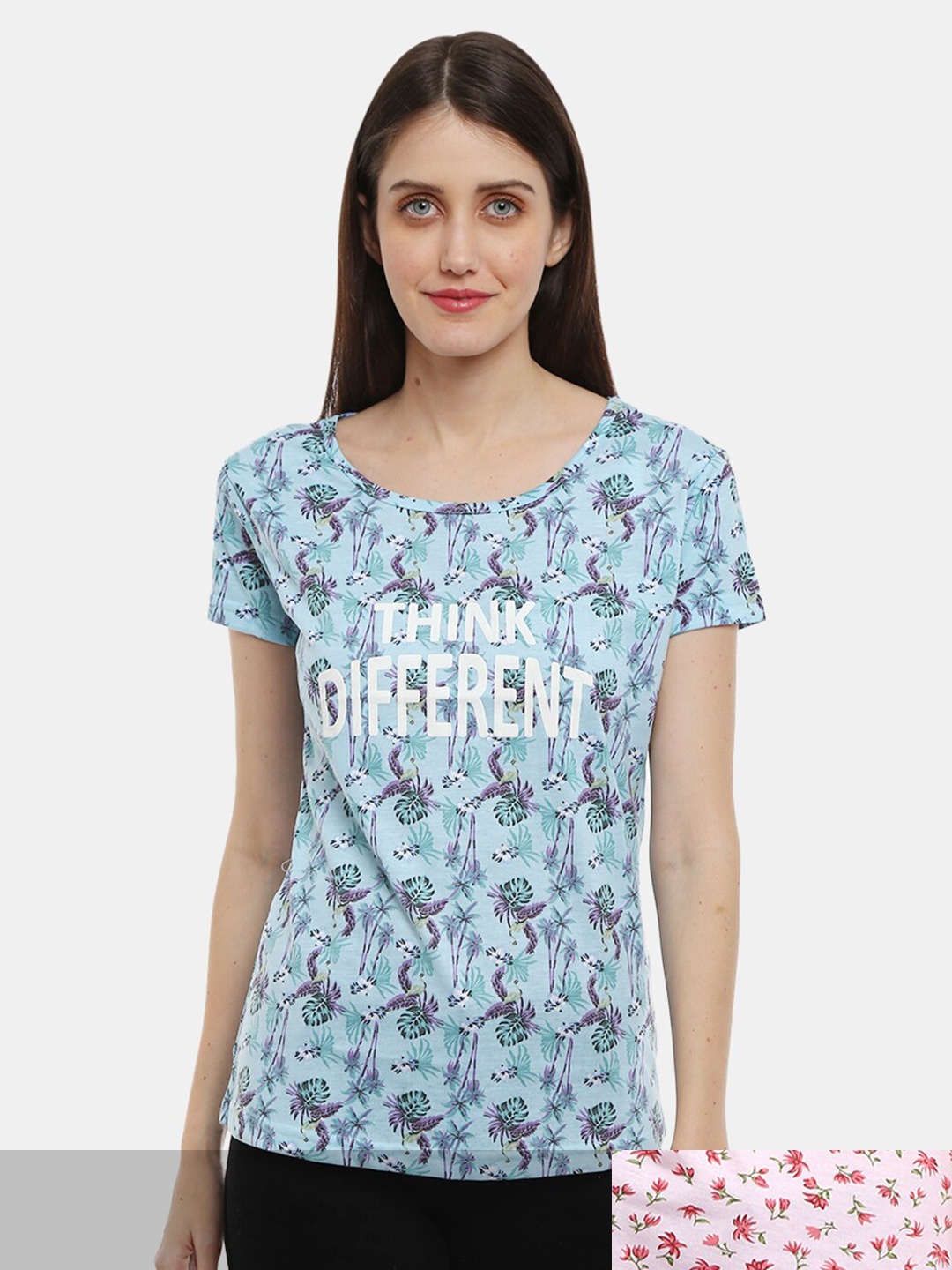 

V-Mart Women Pack Of 2 Pink & Blue Floral Printed Cotton T-shirt