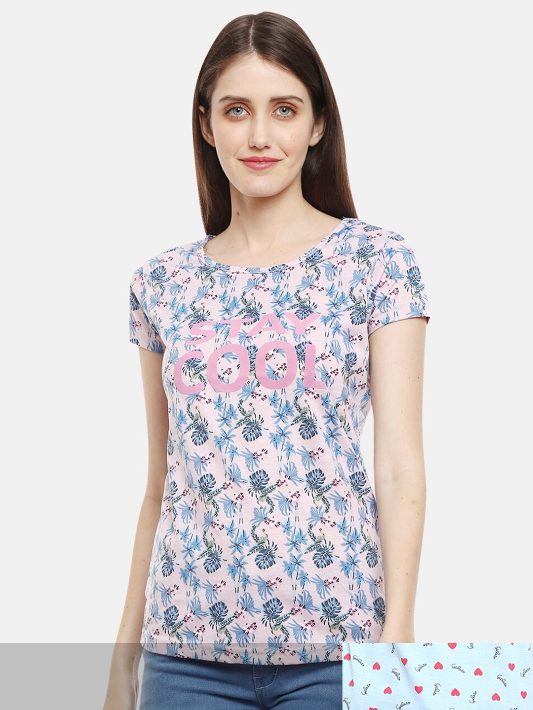

V-Mart Women Pack Of 2 Pink & Blue Floral Printed Cotton T-shirt