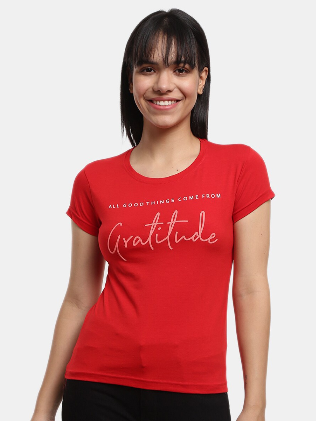 

V-Mart Women Red Typography Printed Cotton T-shirt