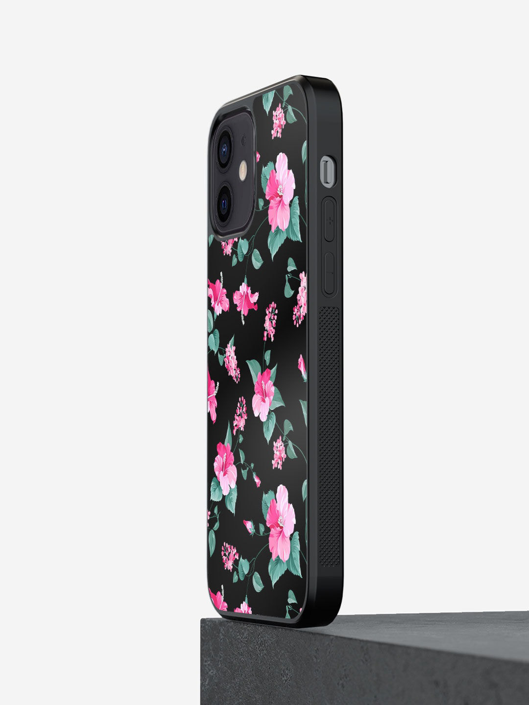 

macmerise Black & Pink Hibiscus iPhone 12 Bumper Back Case