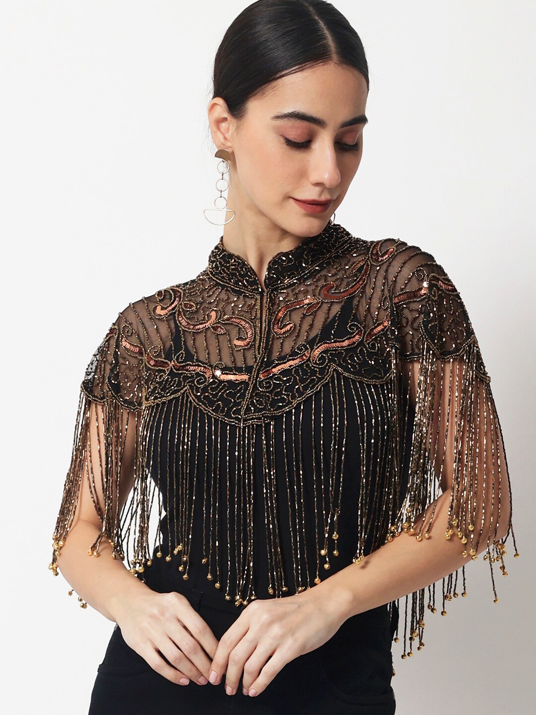 

LE BOURGEOIS Women Gold-Toned Party Embellished Crop Shrug