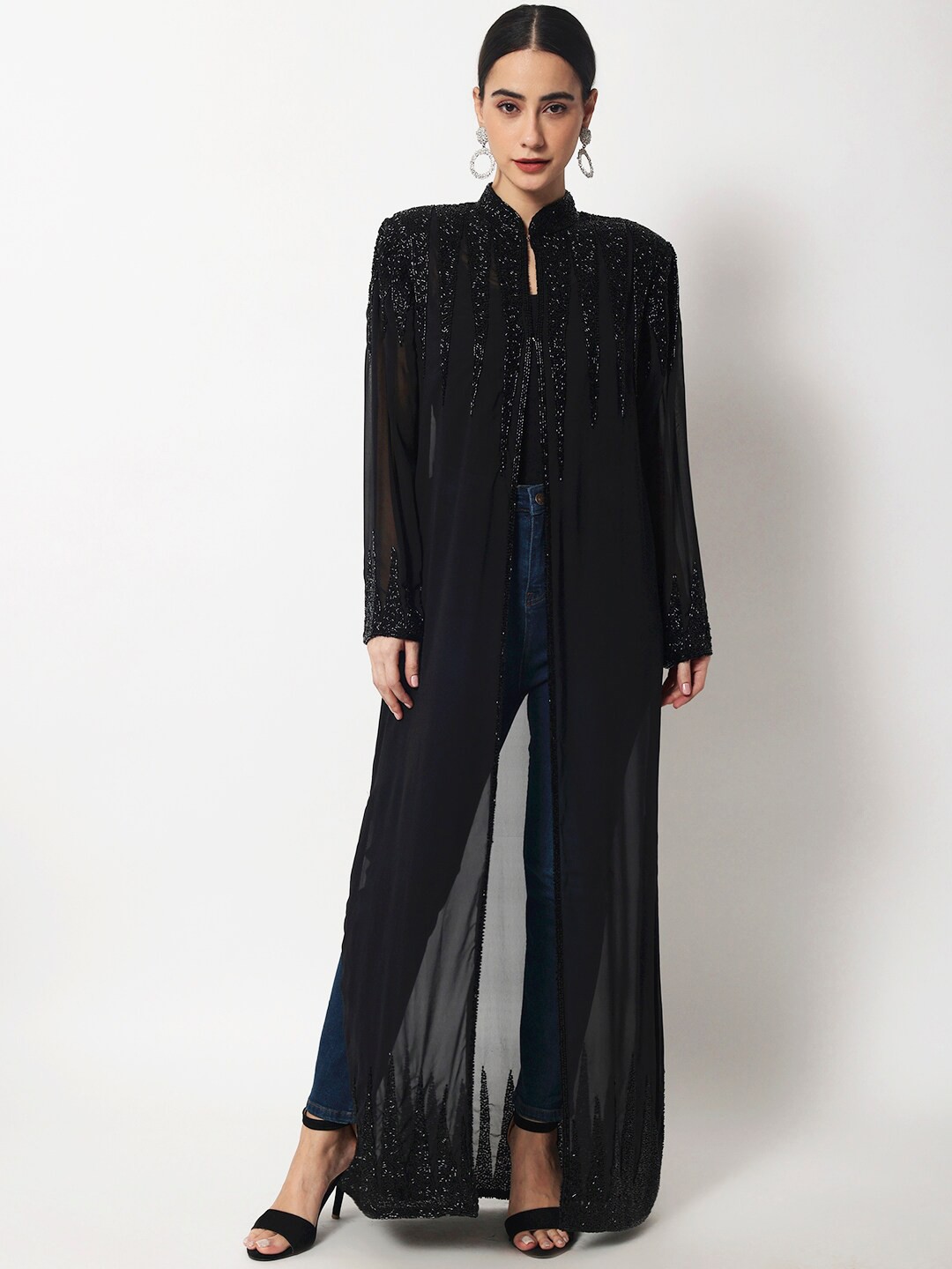 

LE BOURGEOIS Women Black Party Embellished Longline Shrug