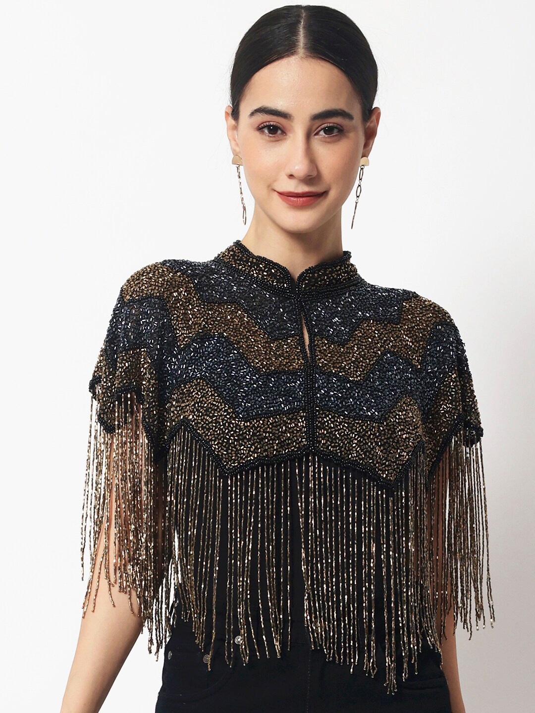 

LE BOURGEOIS Women Navy Blue & Gold-Toned Party Embellished Crop Shrug