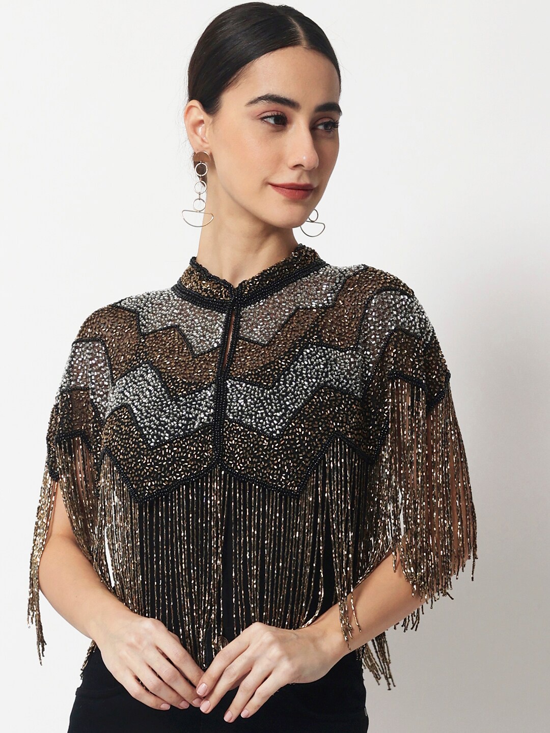 

LE BOURGEOIS Women Gold-Toned & Silver-Toned Party Embellished Crop Shrug