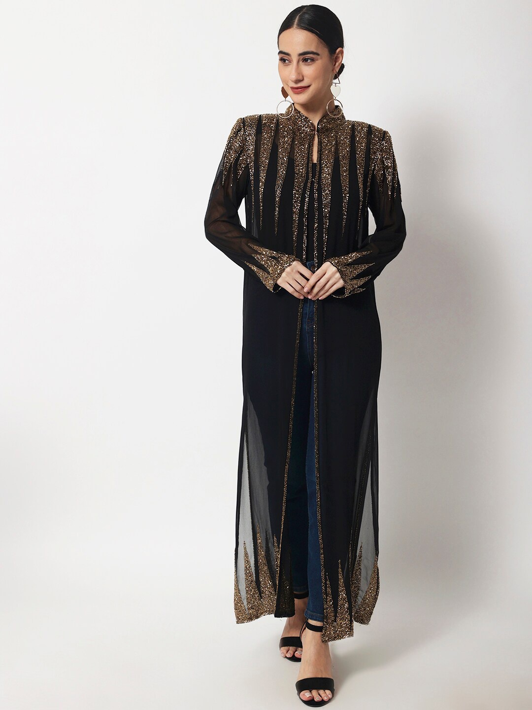 

LE BOURGEOIS Women Black & Gold-Toned Party Embellished Longline Shrug