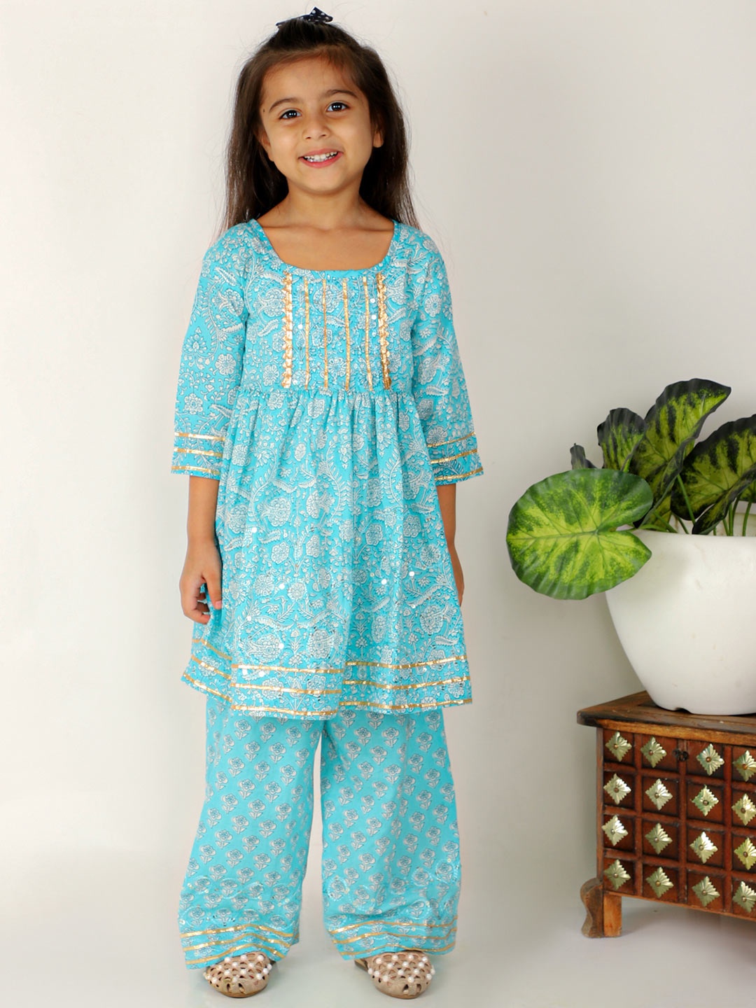 

The Mom Store Girls Blue Floral Printed Empire Pure Cotton Kurta with Sharara