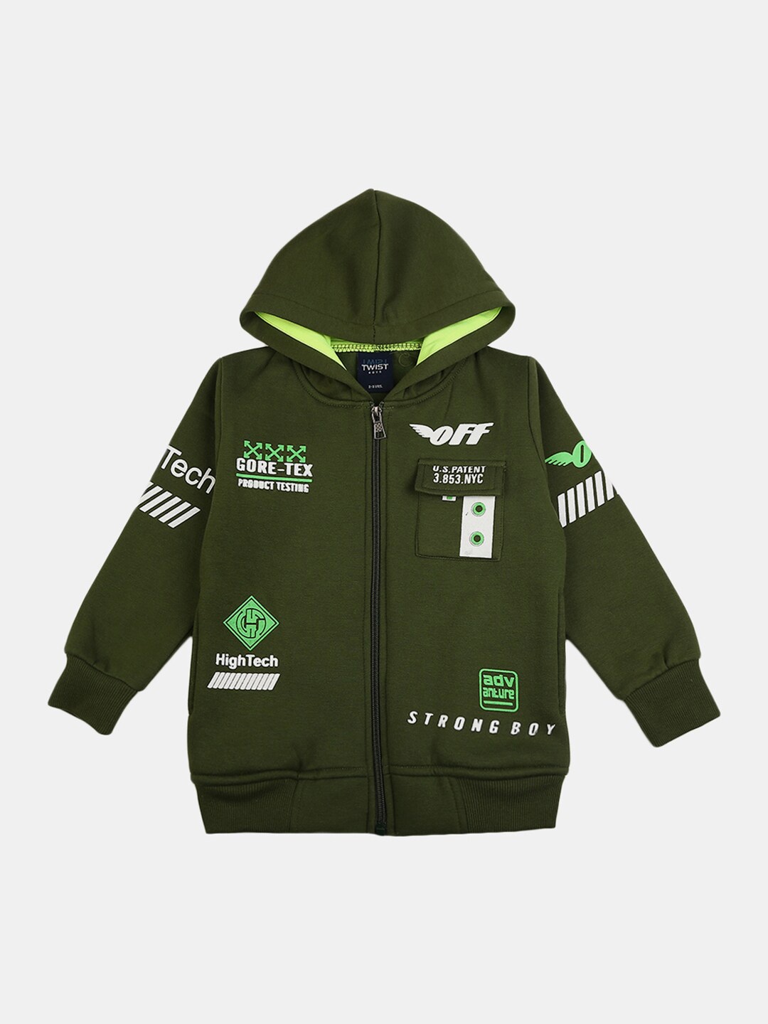 

V-Mart Boys Olive Green Printed Hooded Cotton Sweatshirt