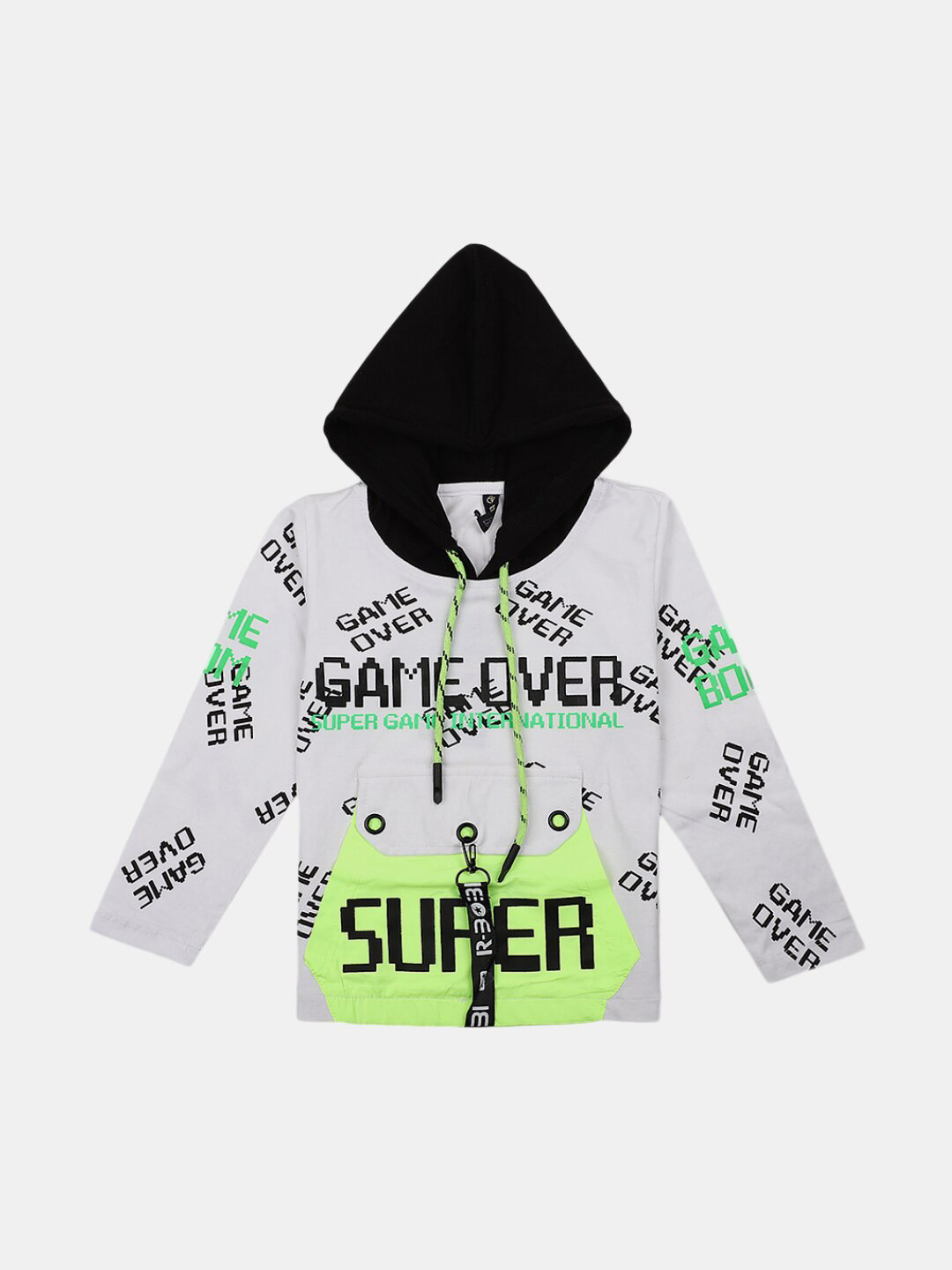 

V-Mart Boys White & Lime Green Printed Hooded Sweatshirt