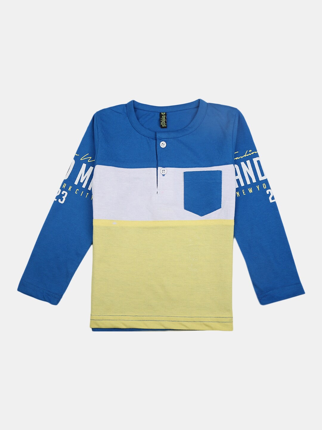 

V-Mart Boys Yellow & Blue Colourblocked Henley Neck Cotton T-shirt