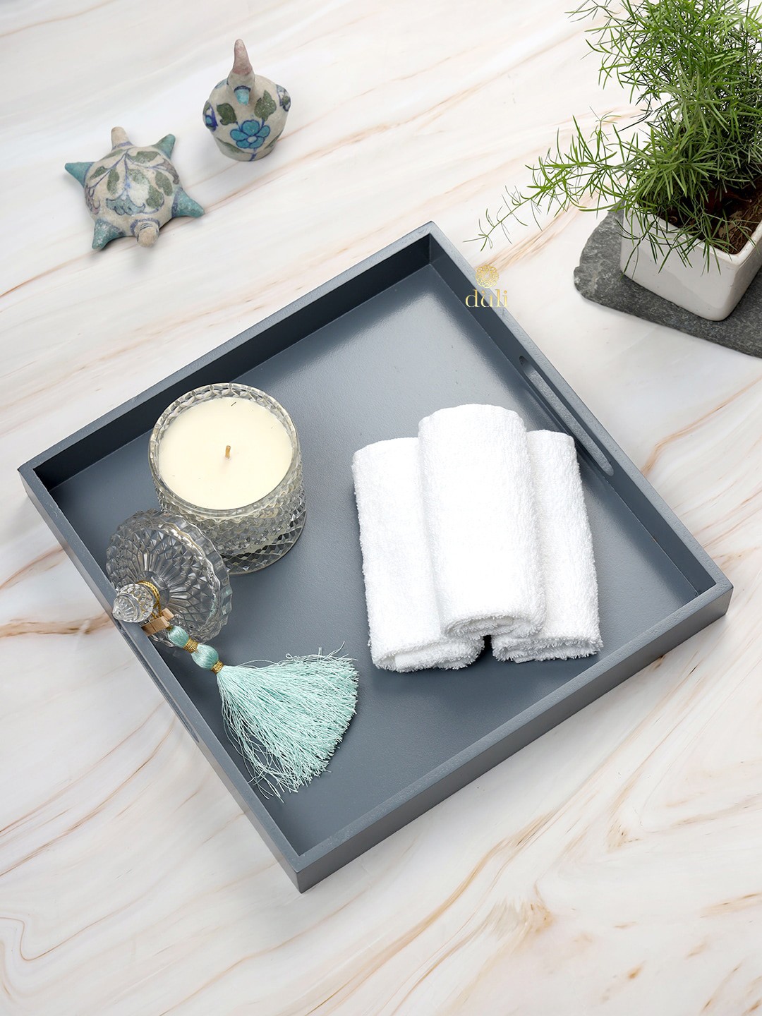 

DULI Set Of 2 Grey Square Deco Painted Serving Trays