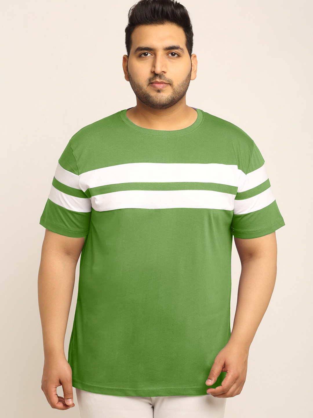 

Rodzen Plus Men Green & White Striped Pure Cotton T-shirt