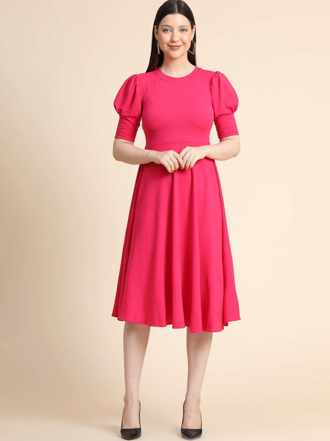 

KERI PERRY Puff Sleeve A-Line Dress, Pink