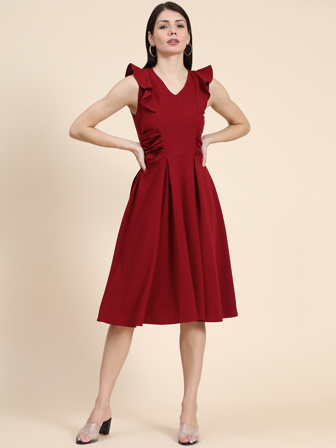 

KERI PERRY Women Maroon Gathered or Pleated Fit and Flare Dress