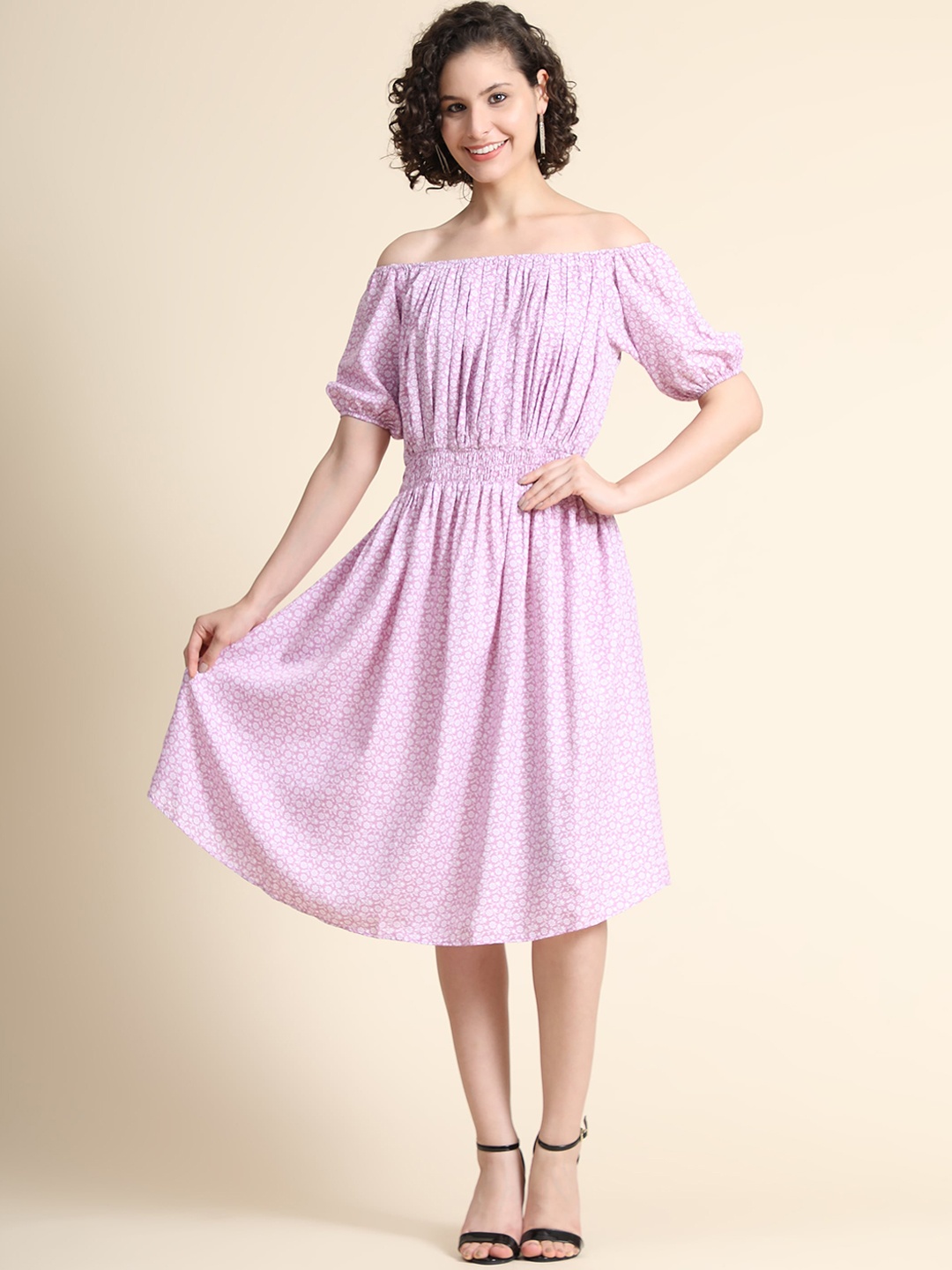

KERI PERRY Women Mauve Floral Off-Shoulder A-Line Dress