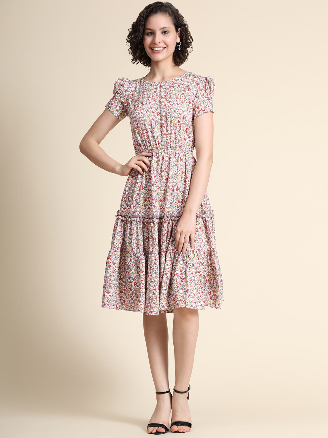 

KERI PERRY Floral Printed Puff Sleeves Tiered Fit & Flare Dress, Beige