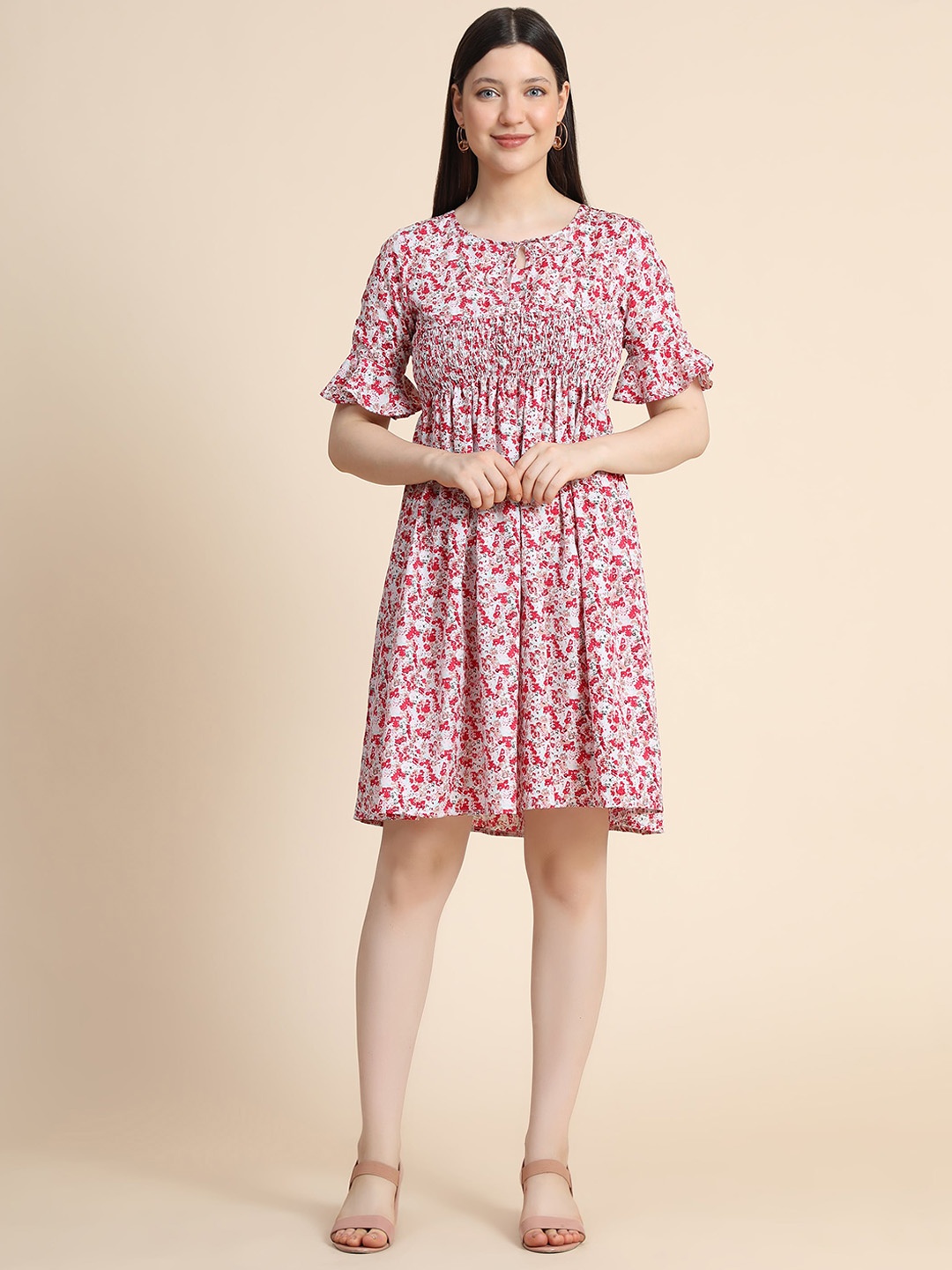 

KERI PERRY Red Floral Printed Tie-Up Neck Flared Sleeves Smocked Fit & Flare Dress