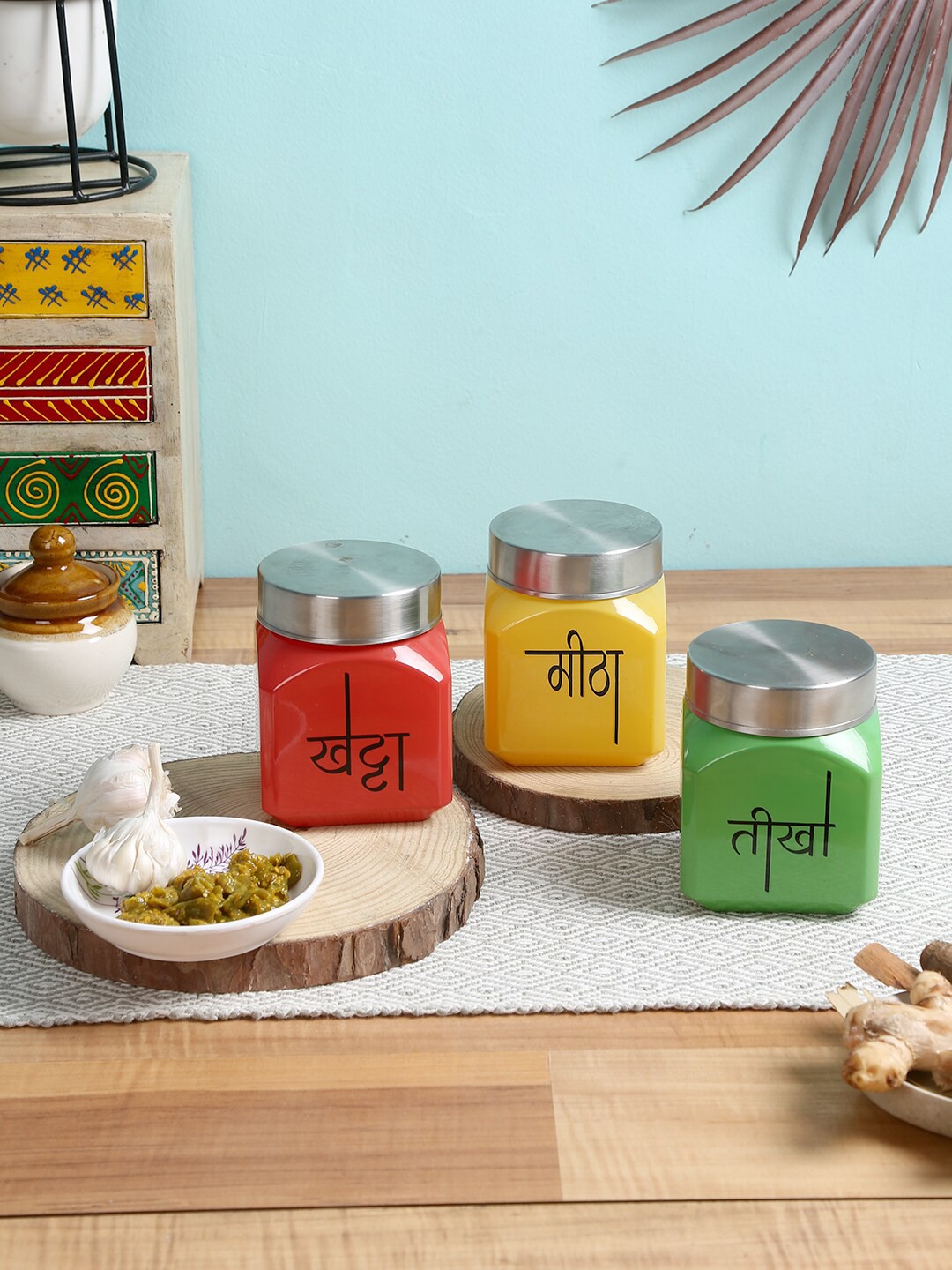 

Storehaus Set Of 3 Green & Yellow Printed Glass Food Containers
