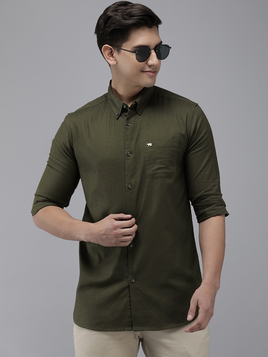 

THE BEAR HOUSEMen Slim Fit Cotton Lycra Casual Shirt, Green