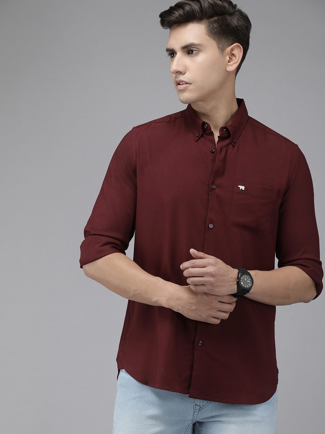 

THE BEAR HOUSE Men Maroon Solid Slim Fit Casual Shirt