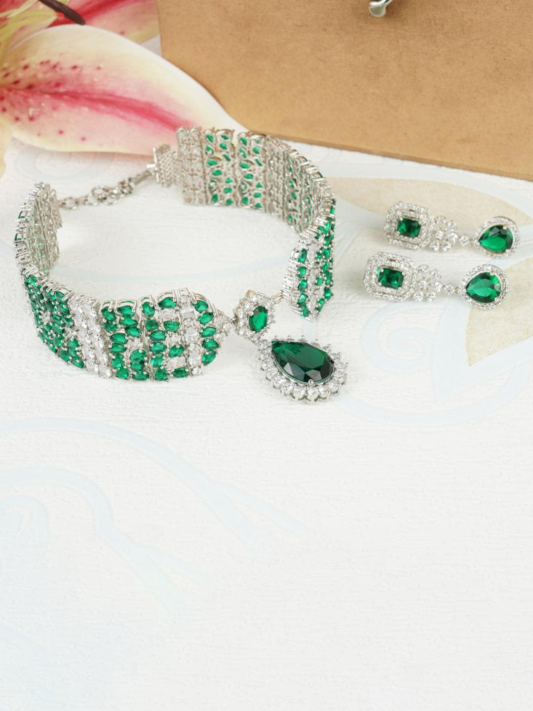 

AURAA TRENDS Rhodium-Plated Silver-Toned & Green AD Necklace Set