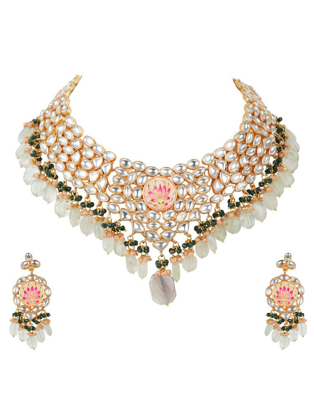 

AURAA TRENDS Women 22K Gold-Plated White & Green Kundan Studded Jewellery Set