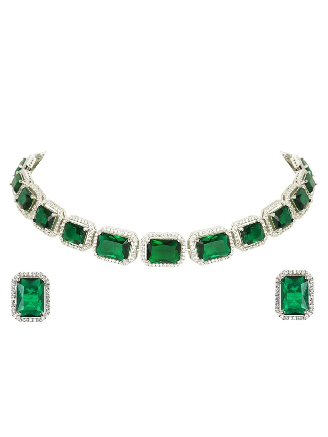 

AURAA TRENDS Rhodium-Plated Silver-Toned Green & White AD-Studded Jewellery Set