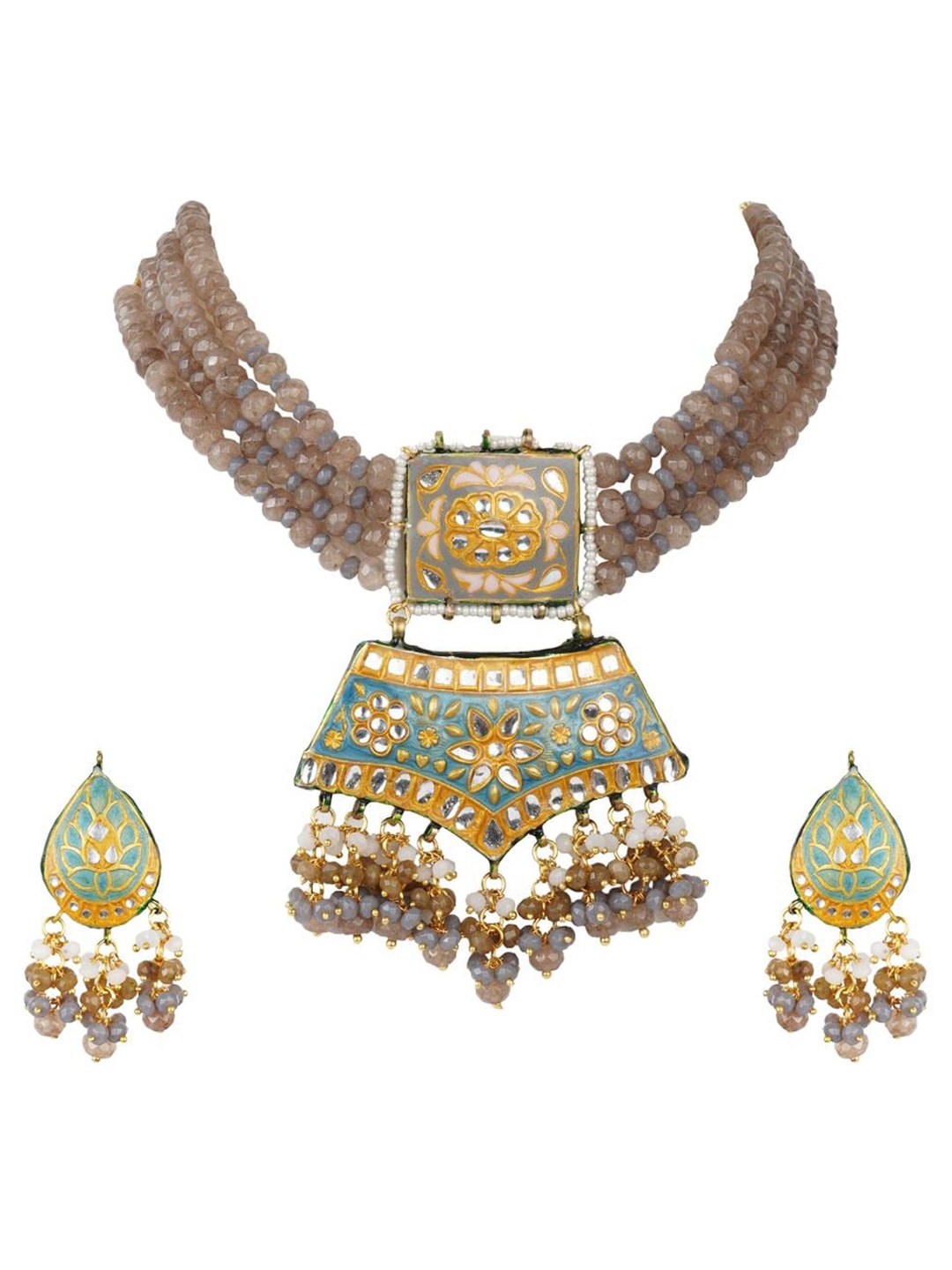 

AURAA TRENDS Gold-Plated Brown, Blue & White Kundan Studded & Beaded Jewellery Set