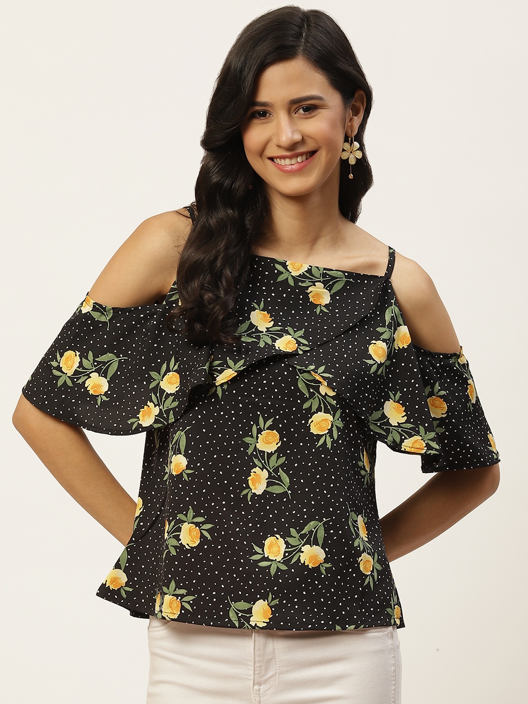 

ZIZO By Namrata Bajaj Black Floral Print Layered Crepe Top