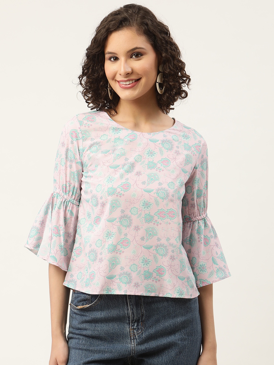 

ZIZO By Namrata Bajaj Women Pink & Green Floral Print Crepe Top